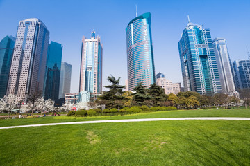 Fototapeta na wymiar park miejski z nowoczesnym budynku w tle Szanghaju