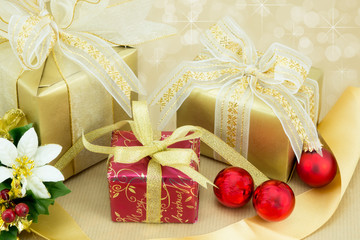 Christmas presents with red baubles.