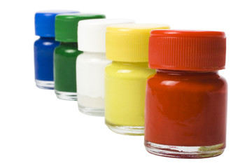 Close-up of watercolor bottles in a row