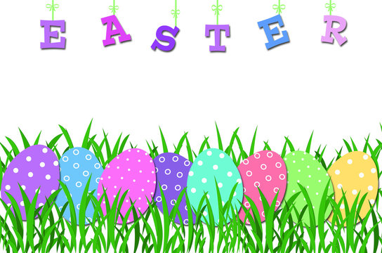 easter border with colorful eggs in the grass