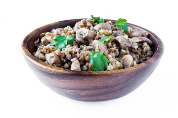 Russian traditional buckwheat with mushrooms and parsley