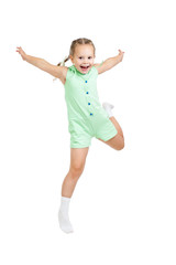 happy child girl jumping isolated on white