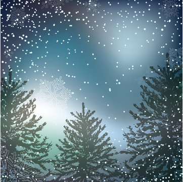 Night Christmas background with whirling snow and fir-tree