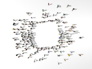 Crowd of people is in a rectangle seen from above