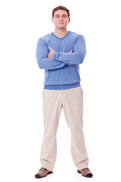 Erwachsener Mann in Freizeitkleidung mit blauem Pullover isolier