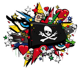 Skull crossbones pirates flag graffiti flag pop art illustration