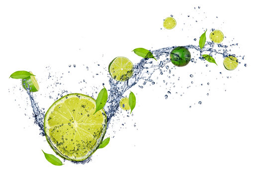  Fresh limes in water splash, isolated on white background
