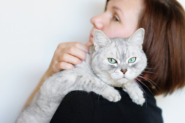 Middle age woman holding beautiful grey cat