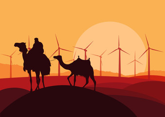 Wind electricity generators, windmills and camel caravan in dese