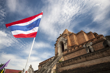 Thailand flag in the front of the pagoda