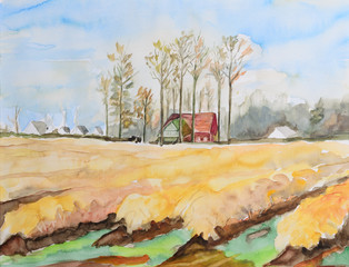 barn in autumn meadows - original water color painting