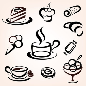 caffe, bakery and other sweet pastry icons set