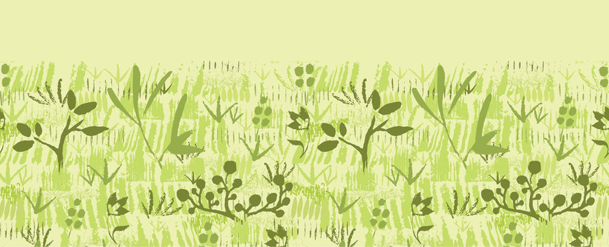 Vector paint textured green plants horizontal seamless pattern
