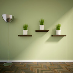 empty interior with metal lamp and vases with grass on shelves