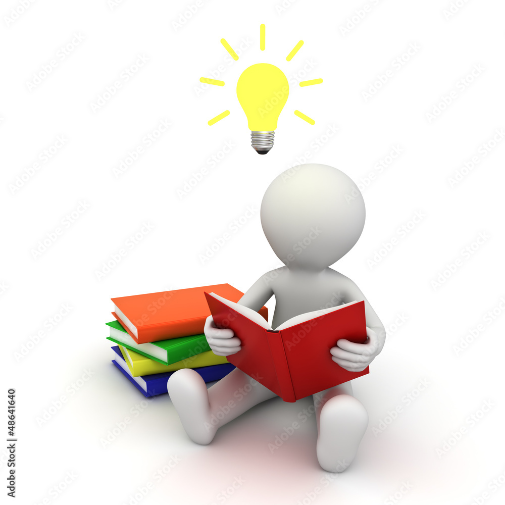 Aufkleber 3d man sitting on the floor and reading a book with idea bulb