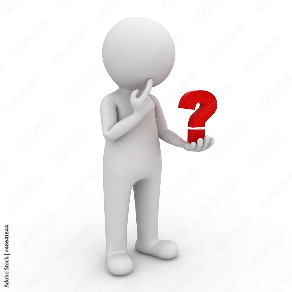 Poster 3d man looking at red question mark in his hand and thinking