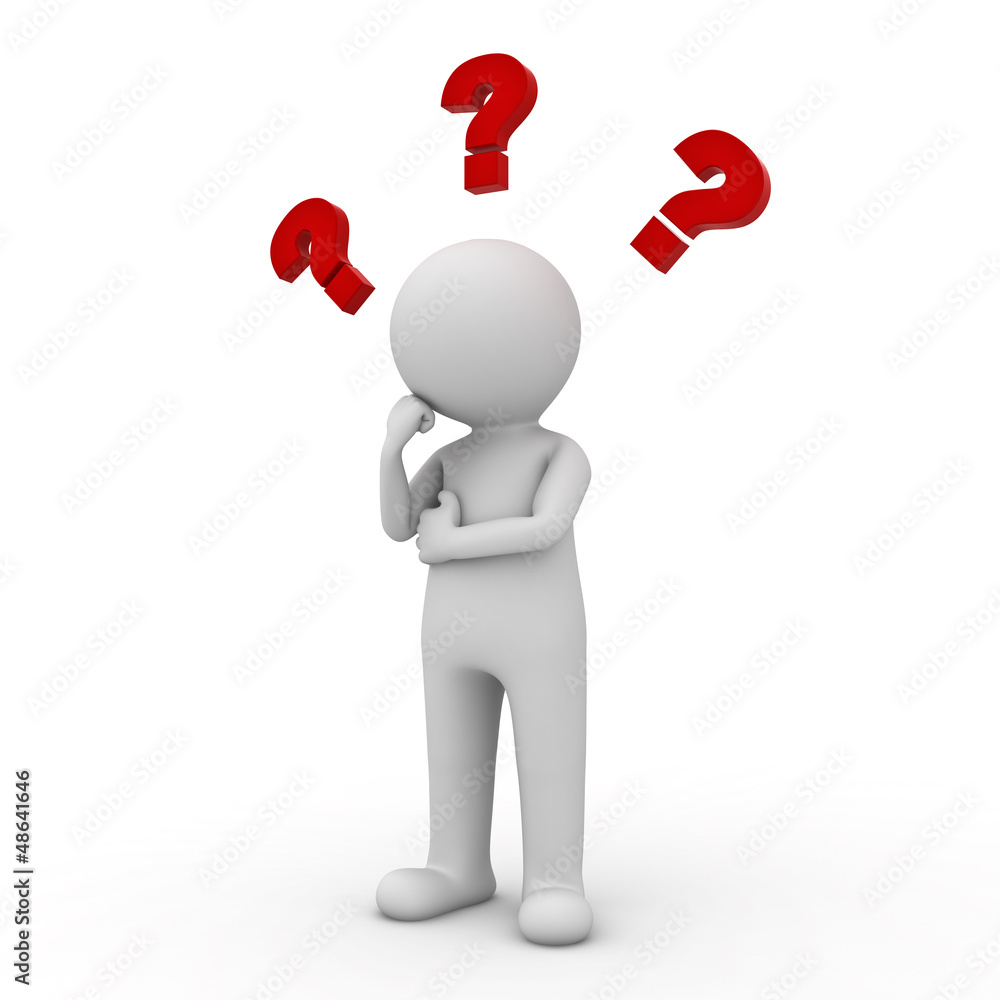 Poster 3d man thinking with red question marks above his head