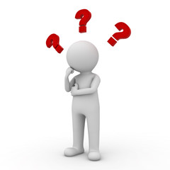 3d man thinking with red question marks above his head