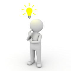 3d man thinking with idea bulb above his head over white