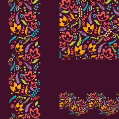 Vector Set of painted plants seamless pattern and borders