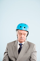 funny man wearing cycling helmet portrait real people high defin