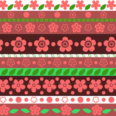 Floral striped seamless pattern in red and green, vector