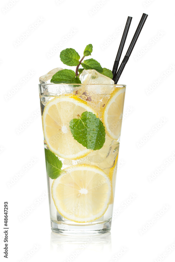 Sticker glass of lemonade with lemon and mint