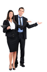 Portrait of business people standing on a white background