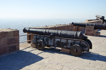 historical cannons on Mehrangarh Fort in Jodhpur, India