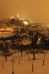 Night snowy winter Prague gothic Castle, Czech Republic