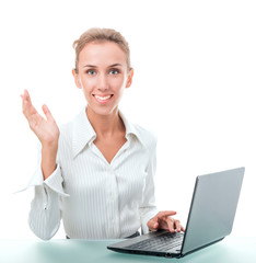friendly administrative assistant at the desk with a laptop