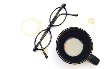 Old glasses , coffee cup and stains of coffee