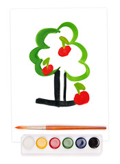 painted apple tree, watercolor set and brush