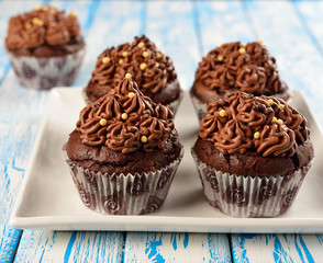 Chocolate cupcakes on a blue table