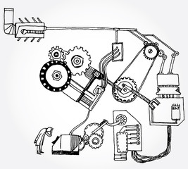 Hand Drawn Illustration of Some Mechanism and a Scientist - 48654808
