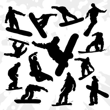 Set of Some Snowboarders Silhouettes Hand Drawn