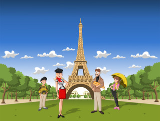 Fashion french cartoon family in Paris, with the Eiffel Tower - obrazy, fototapety, plakaty