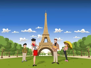 Fotobehang Fashion french cartoon family in Paris, with the Eiffel Tower © denis_pc