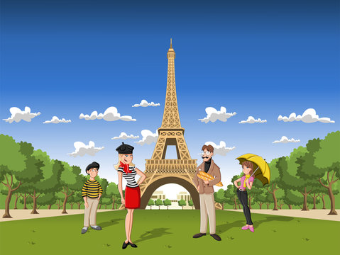 Fashion French Cartoon Family In Paris, With The Eiffel Tower