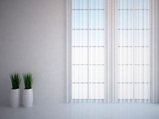 white empty interior with grass and curtains