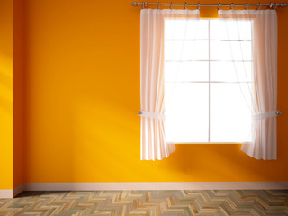 empty interior with an orange wall and curtains