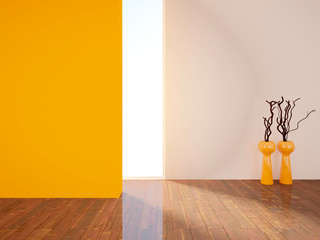 empty interior with an orange wall and vases