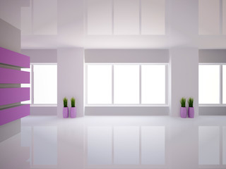 Fototapeta na wymiar empty room with violet wall and vases with grass