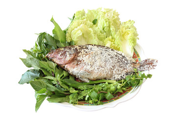 Grilled salted fish with fresh vegetable over white background
