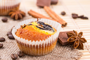 Muffins, chocolate pieces and cinnamon