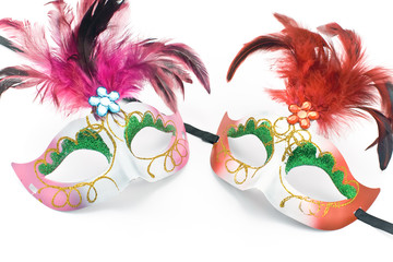 Two Carnival mask with feathers and diamond