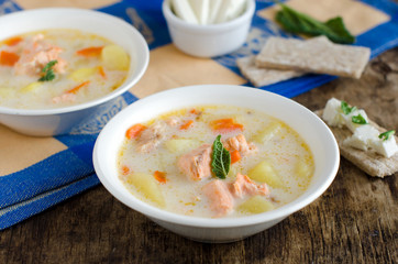 Soup with cheese and salmon