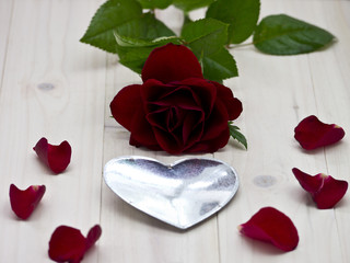 Auf einem Holztablett liegende rote Rose mit Rosenblättern