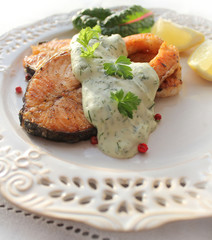 Roasted salmon with sauce