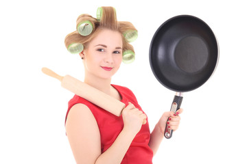 funny housewife with roller-pin and pan over white